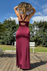 Burgundy Satin Formal Gown for Wedding Guests Maxi Dress Mychicdress